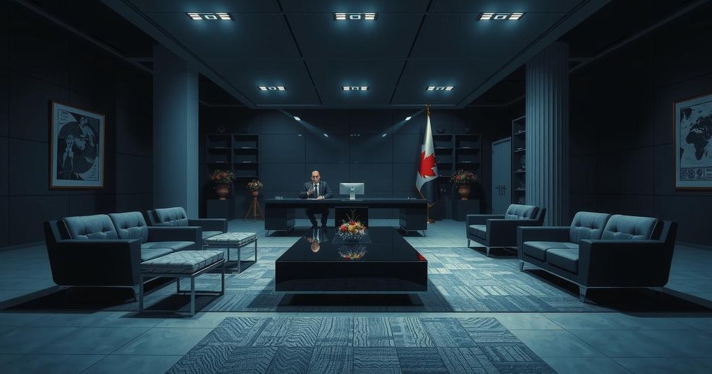 Abstract representation of a geopolitical negotiation in an office setting with dramatic lighting.
