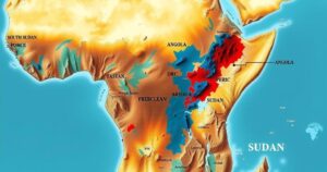 A map of Africa highlighting areas affected by water crises, with a focus on South Sudan, DRC, Angola, and Sudan