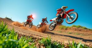 Motocross track with dirt jumps and a bike in action under a blue sky