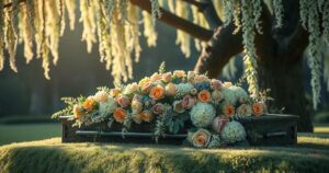 A solemn funeral setting with flowers, a casket, and soft lighting, reflecting a peaceful farewell atmosphere.