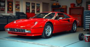 Red Ferrari 512 TR parked in a clean garage with soft lighting, evoking nostalgia of sports car history.