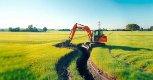 Excavator digging a trench on a commercial farm with green fields under a clear blue sky.