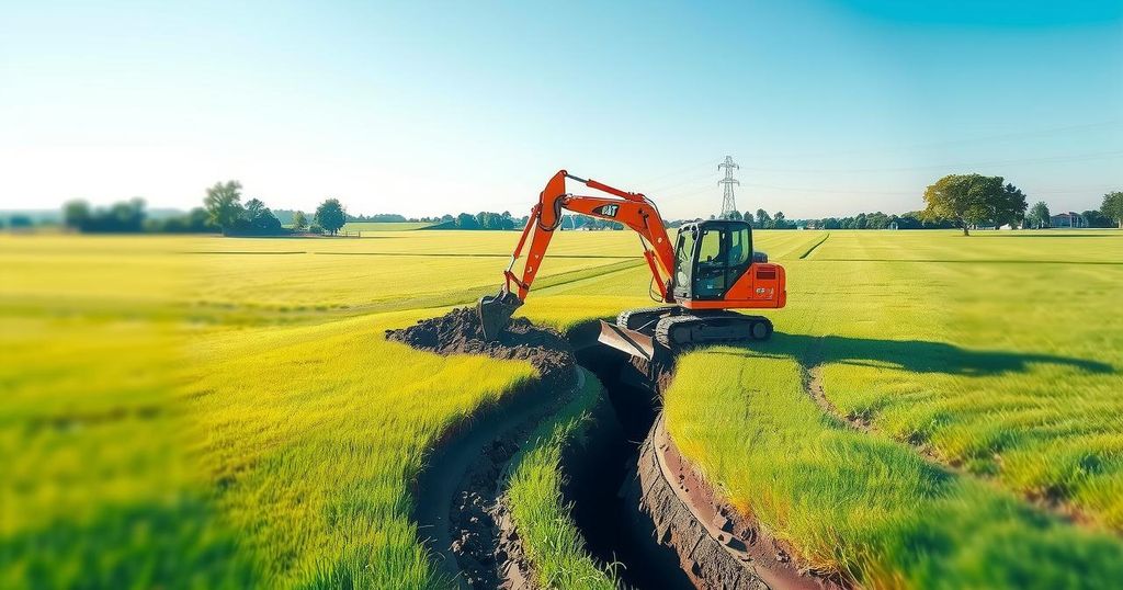 Excavator digging a trench on a commercial farm with green fields under a clear blue sky.