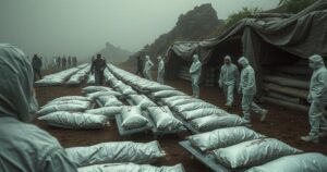 Mass burial site with humanitarian workers in Congo, depicting the aftermath of conflict in muted earth tones.