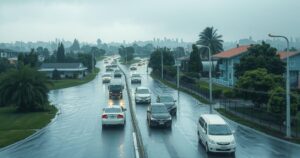 A tranquil landscape showing flooded roads, submerged vehicles, and lush greenery in an urban area, under a cloudy sky.