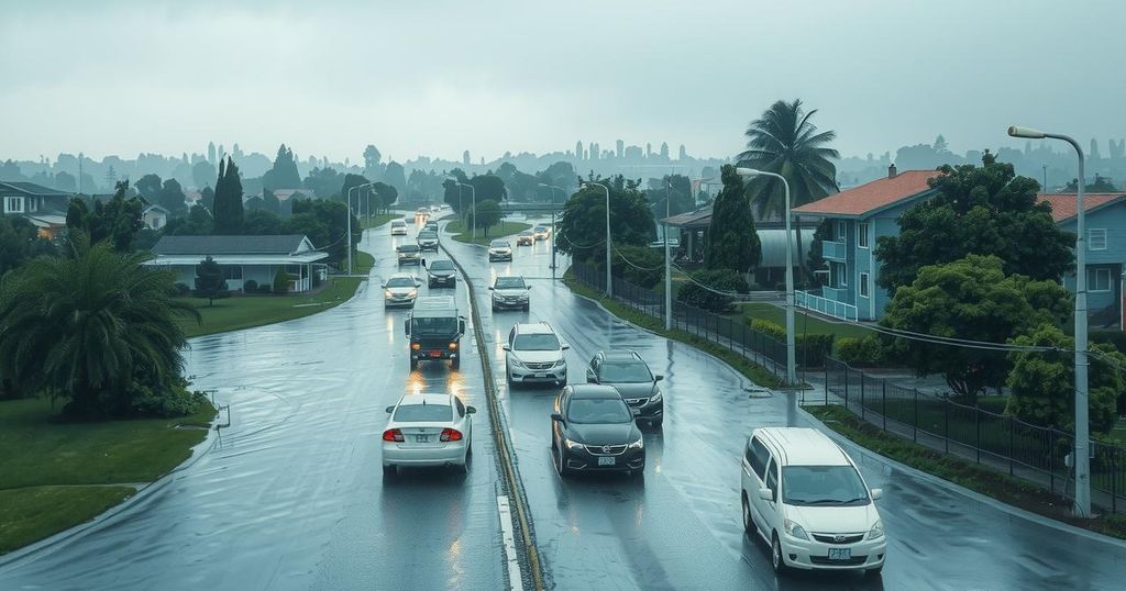 A tranquil landscape showing flooded roads, submerged vehicles, and lush greenery in an urban area, under a cloudy sky.