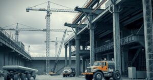 Construction site with machinery, steel beams, and safety equipment under a cloudy sky in muted tones.