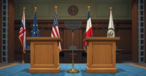 A heated political debate scene with two podiums, no people, and a backdrop of flags and a legislative chamber.
