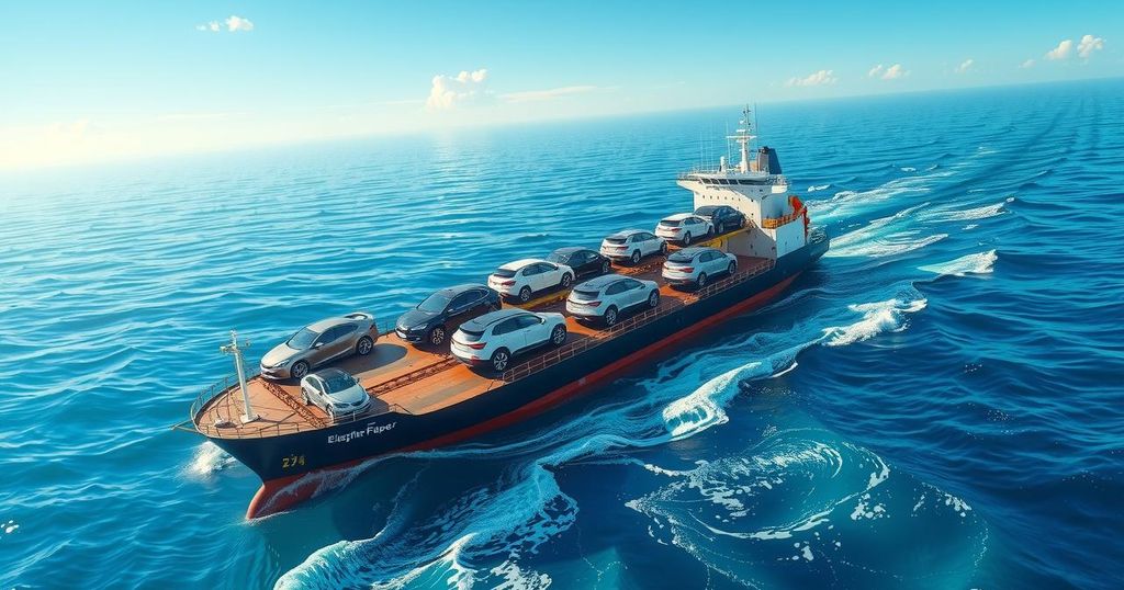 A car carrier full of electric vehicles at sea, showcasing a massive fleet headed to Brazil under blue skies.