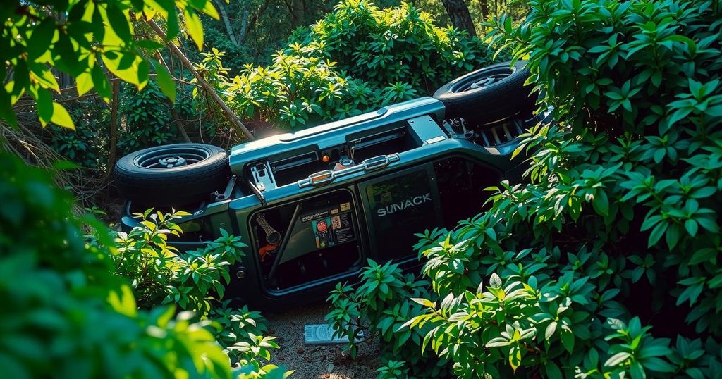 A Subaru Impreza overturned in lush bushes, showcasing vehicle damage against a backdrop of green foliage.