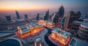 Aerial view of Middle Eastern cityscapes showcasing luxury architecture, with soft twilight colors and geometric patterns.
