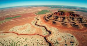 Aerial view of South African landscape showing terrain uplift with dry soil and sparse vegetation under blue sky.