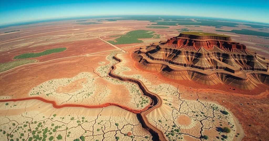 Aerial view of South African landscape showing terrain uplift with dry soil and sparse vegetation under blue sky.