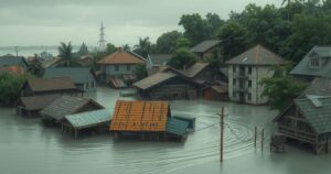 Flooded landscape with submerged homes and markets, illustrating heavy rainfall and climate impact, earthy tones, realistic style.