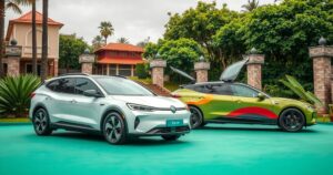 Electric vehicle launch event featuring two EV models from a Chinese car manufacturer in Ethiopia's green mobility initiative.