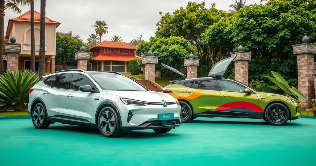 Electric vehicle launch event featuring two EV models from a Chinese car manufacturer in Ethiopia's green mobility initiative.