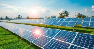 Ground-mounted solar panels in a Ghanaian factory, showcasing sustainability and clean energy.