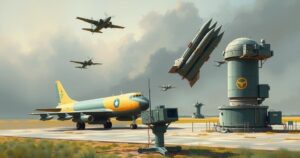A military training exercise with aircraft, missiles, and radar amidst a gray and green color scheme, depicting readiness.