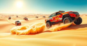A vast desert landscape with racing vehicles speeding across sandy terrain under a clear blue sky.