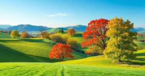 A serene landscape of rolling hills and lush greenery under a bright blue sky, symbolizing Turkey's natural beauty and resilience.