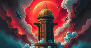 A stylized golden dome shape symbolizes a defense shield against a backdrop of abstract geopolitical tensions.
