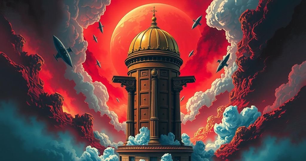 A stylized golden dome shape symbolizes a defense shield against a backdrop of abstract geopolitical tensions.