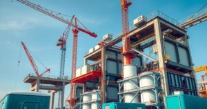 Construction site with electric car components, in muted colors, showcasing a modern industrial landscape.