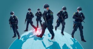 Abstract depiction of law enforcement collaboration across borders with handcuffs and a globe background.
