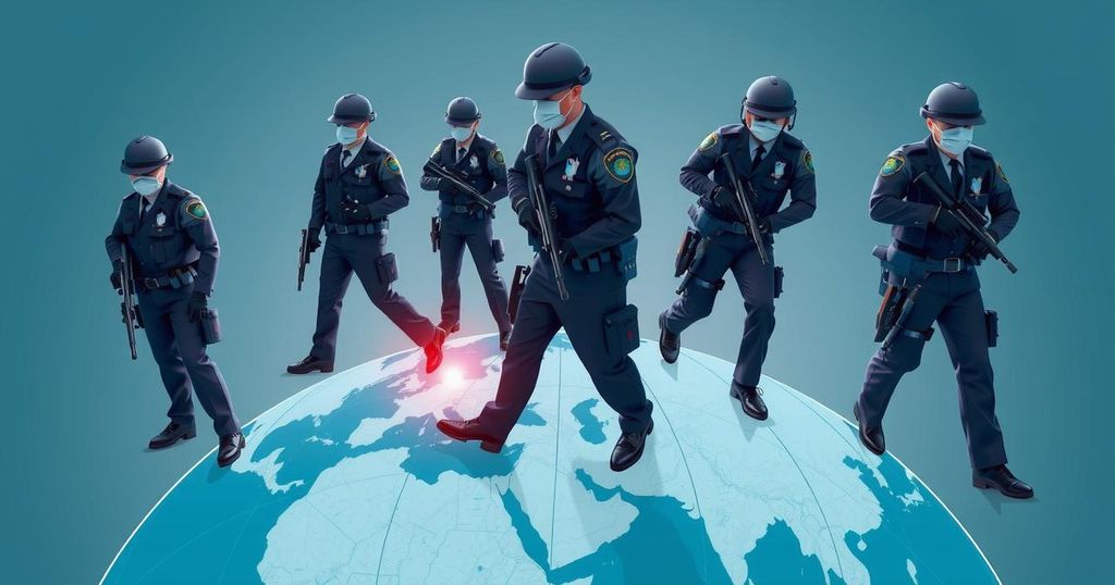 Abstract depiction of law enforcement collaboration across borders with handcuffs and a globe background.