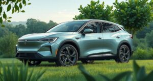 Electric SUV in a vibrant setting, showcasing the eco-friendly aspects of modern automotive technology.