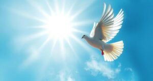 A symbolic gathering representing unity, peace, and hope with a bright dove and a radiant sun against a blue sky.