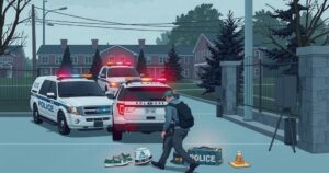 Arrest scene of fake operatives with police artifacts, vehicles, and evidence of crime in a controlled environment.