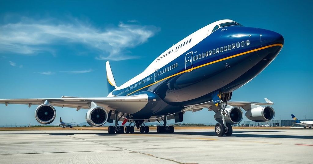 A grand Boeing 747 jet parked with a clear blue sky, symbolizing luxury and political discussions.