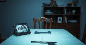 A broken home with an empty chair and faded family photo, signifying separation and loss due to deportation.