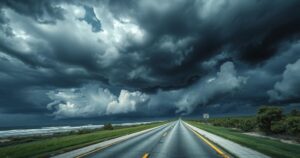 Texas coastline with storm clouds and evacuation route, symbolizing hurricane preparedness and community safety efforts.