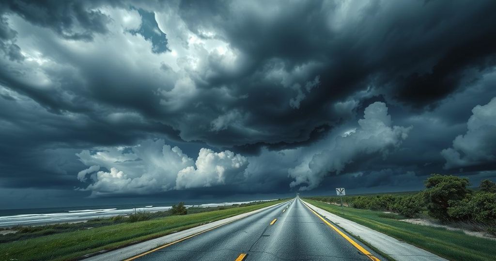 Texas coastline with storm clouds and evacuation route, symbolizing hurricane preparedness and community safety efforts.