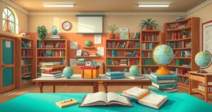An illustration of an African leader advocating for youth education with books and science tools in a vibrant classroom setting.