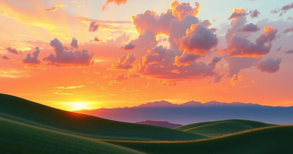 A colorful sunset over a peaceful Montana landscape with rolling hills and soft clouds after a thunderstorm.