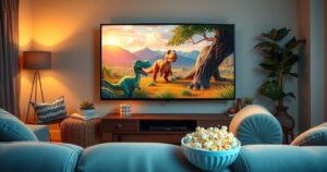 Cozy couch scene with a large TV displaying a vibrant animated dinosaur landscape, soft lighting and popcorn.