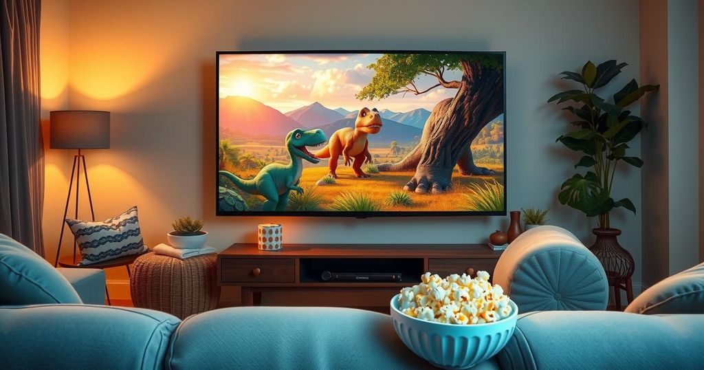 Cozy couch scene with a large TV displaying a vibrant animated dinosaur landscape, soft lighting and popcorn.