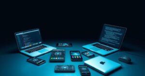 A collection of smartphones and laptops symbolizing a cyber crime investigation in a secured environment.