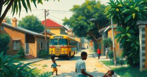 A serene Lagos neighborhood with lush greenery, a playful atmosphere of children, and a traditional bus in a colorful setting.