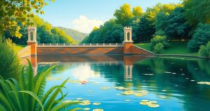 Tranquil view of a man-made dam with calm water, surrounded by lush vegetation under a clear blue sky.