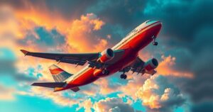 A colorfully stylized representation of a Boeing 747 with a dramatic sky, symbolizing political tension.