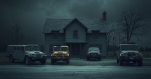 A dramatic scene with an empty home surrounded by military vehicles and a dark, moody atmosphere.
