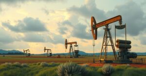 Venezuelan oil field landscape with oil rigs and cloudy skies, in a realistic painting style with earthy tones.