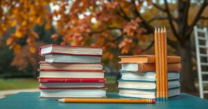 A serene academic campus with books and pencils symbolizing education, featuring warm autumn colors, showcasing learning.