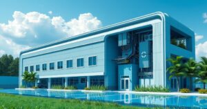 A modern semiconductor factory with advanced machinery, surrounded by vibrant greenery and blue skies, highlighting innovation.