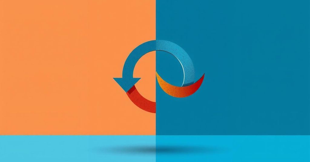 A symbolic depiction of diplomacy with two flags, contrasting shades, and interlocking shapes representing unity.