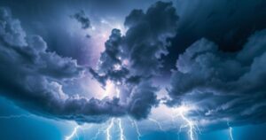 Storm clouds gathering ominously, with dark grey hues and flashes of lightning on the horizon, depicting wild weather patterns.